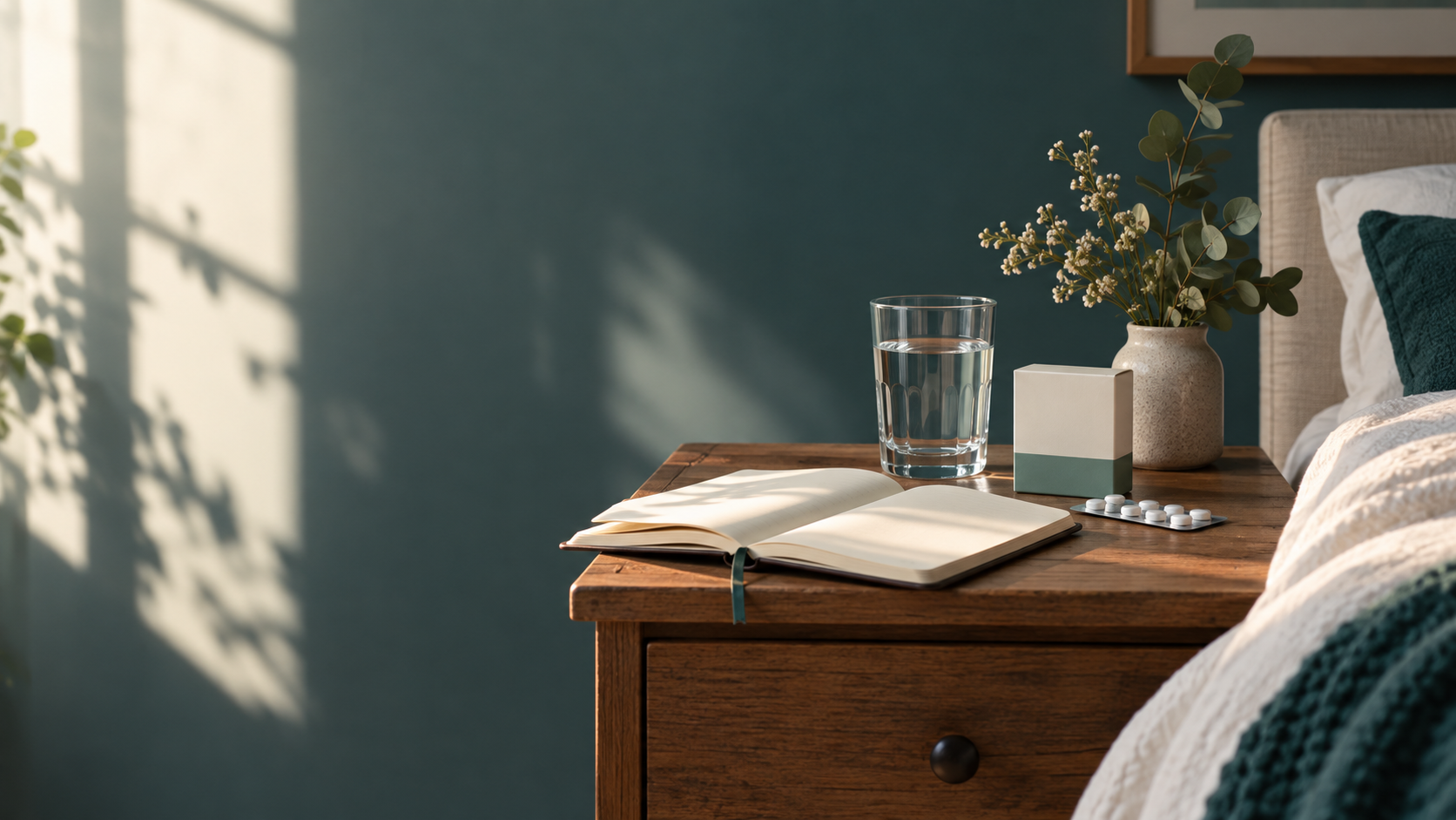 A notebook, glass of water and medicine box on a bedside table in soft morning light